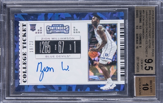 2019-20 Panini Contenders Draft Picks College Ticket Cracked Ice #51 Zion Williamson Signed Rookie Card (#19/23) - BGS GEM MINT 9.5/BGS 10